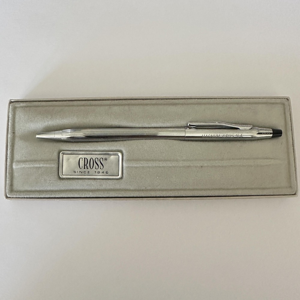 Vintage Cross Chrome Ballpoint Pen Magnum Opus '84 USA Blue Ink W/ Velvet Insert